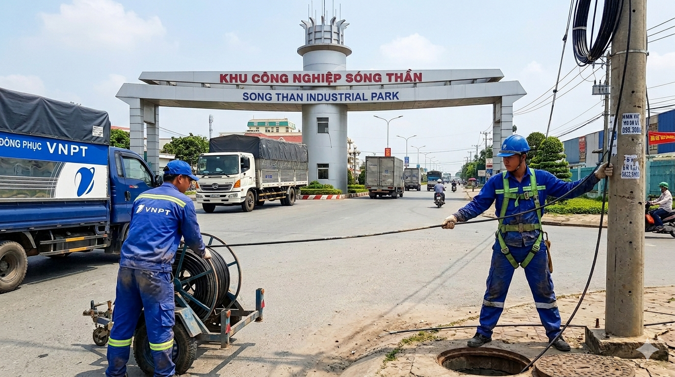 Kỹ Thuật Viên Vnpt Dĩ An đang Hỗ Trợ Kéo Internet Wifi Cho Khách Hàng