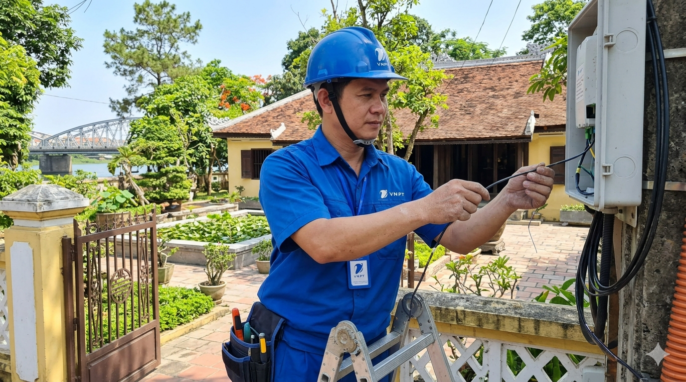 Kỹ Thuật Viên Vnpt Huế đang Triển Khai Lắp Mới Tại Nhà Khách Hàng