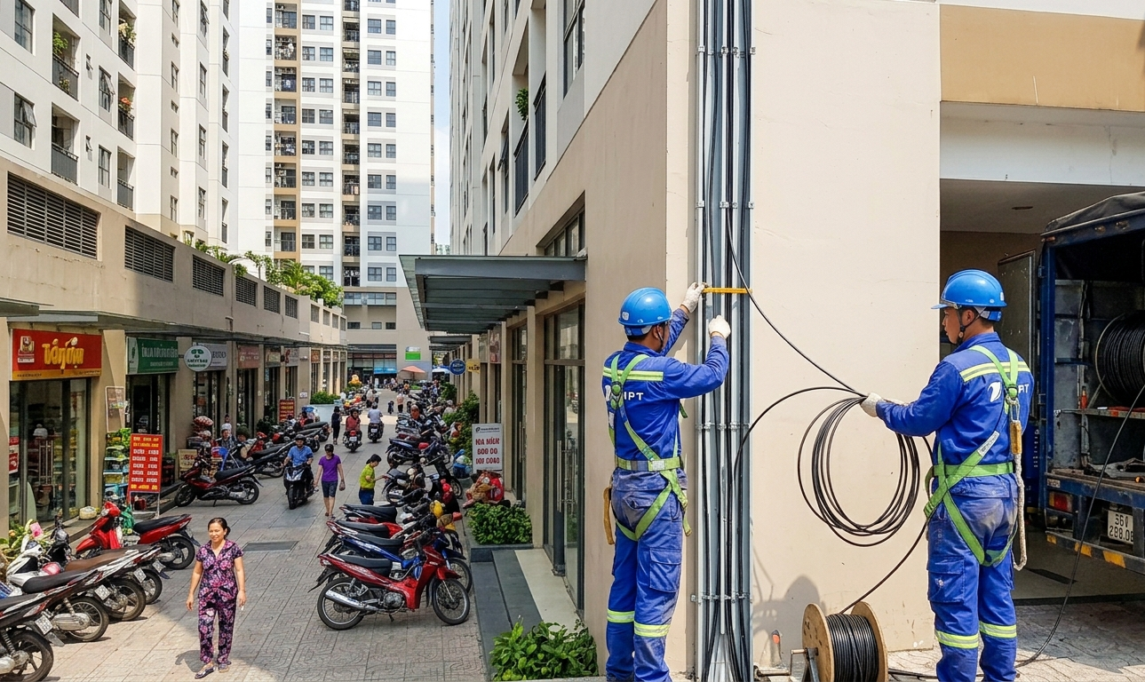 Kỹ Thuật Viên Vnpt đang Triển Khai Lắp đặt Mạng Cho Khách Hàng Tại Chung Cư Thuận An