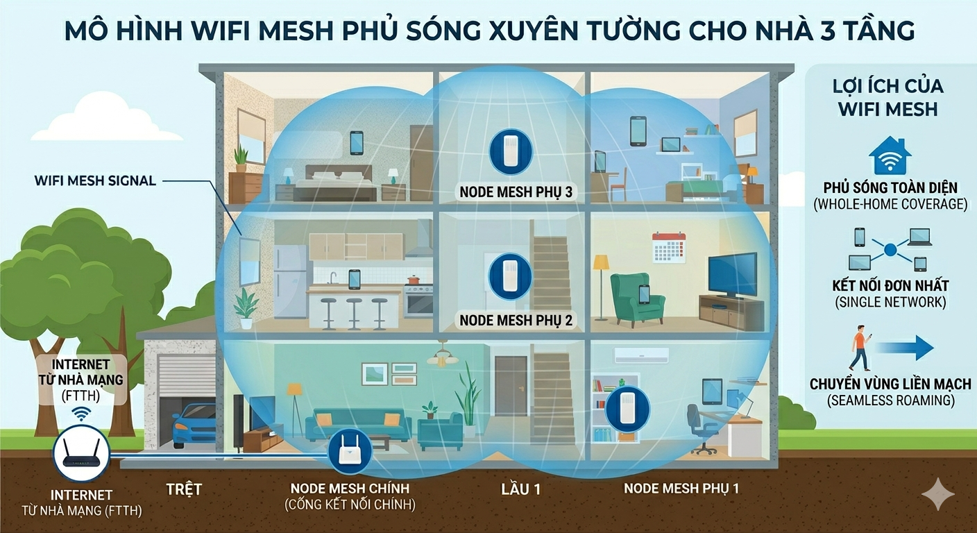 Mô Hình đặt Wifi Mesh đúng Cách Cho Nhà Cao Tầng ở Thủ Dầu Một
