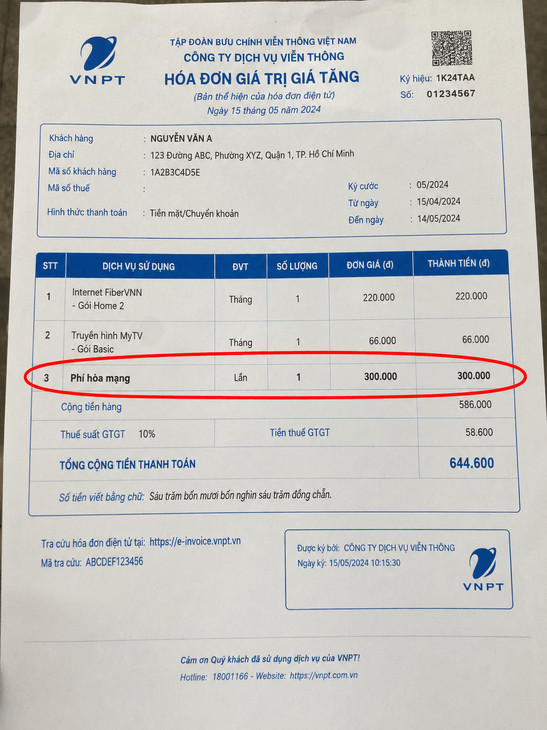 Hóa đơn Phí Hòa Mạng 300k