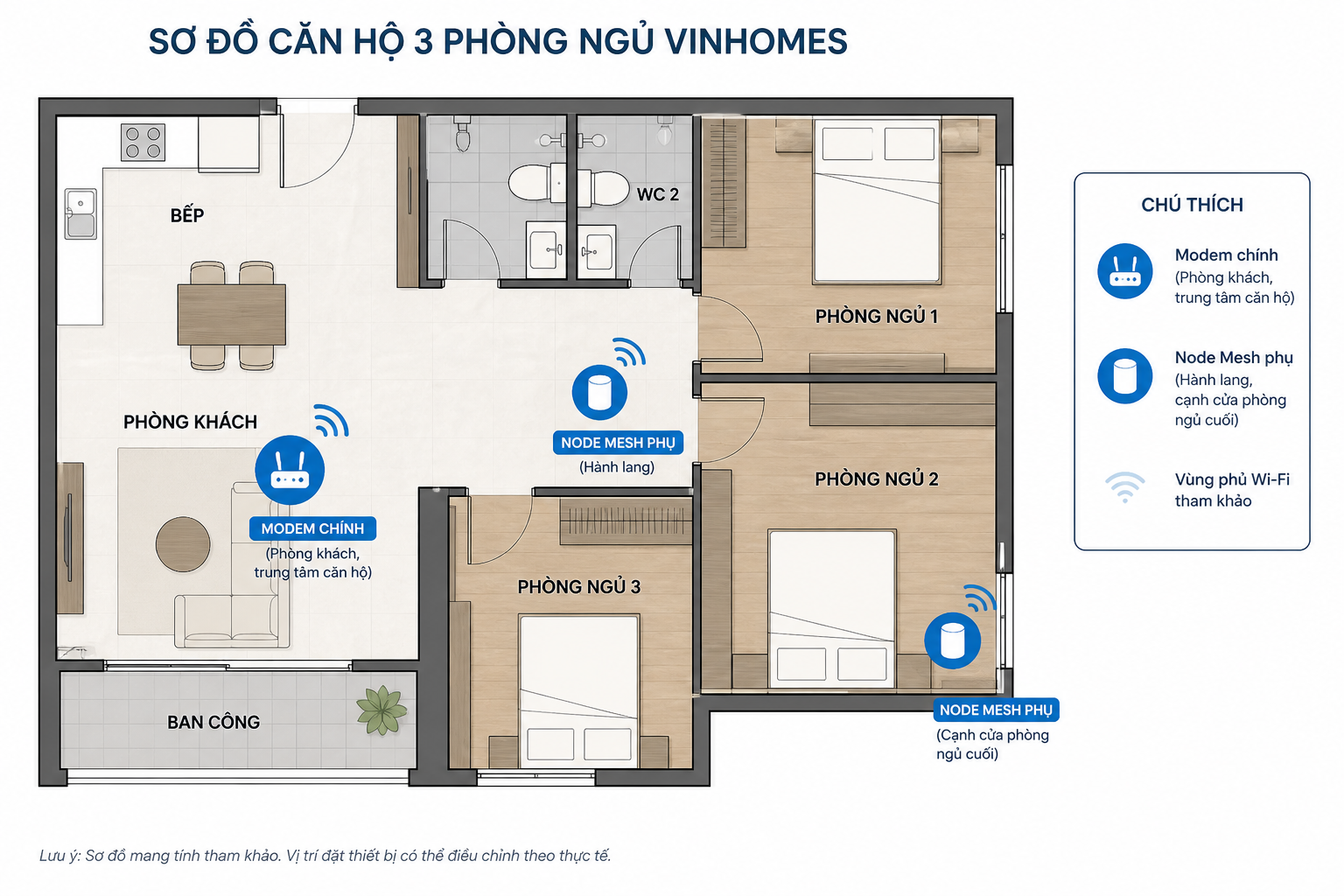 Sơ đồ đặt Modem Wifi Cho Căn 3 Phòng Ngủ Tại Vinhomes Grand Park